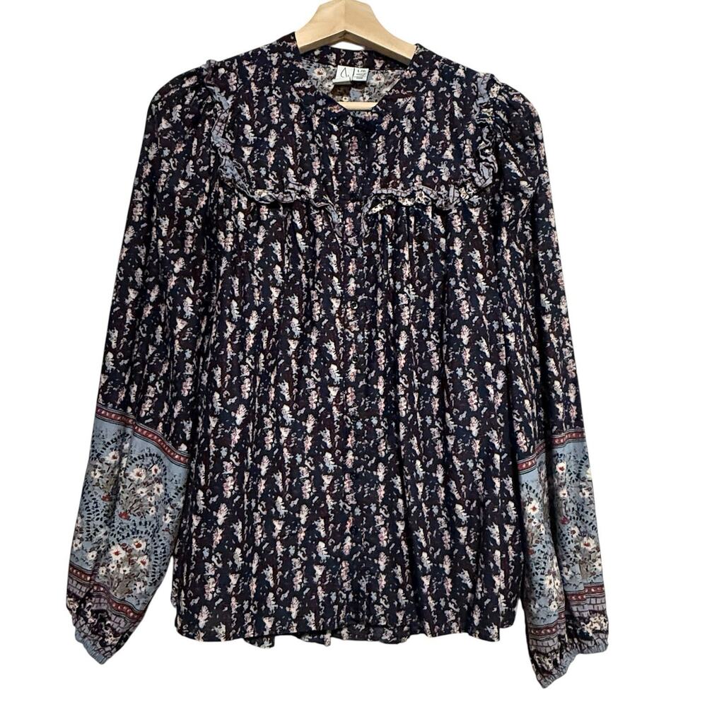 JOIE Navy Blue Peasant Blouse Ruffle Floral SIZE LARGE Cottage Shirt Cotton